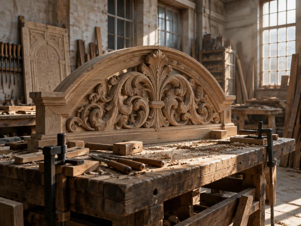 Illustrative carved timber set piece clamped to a workshop bench