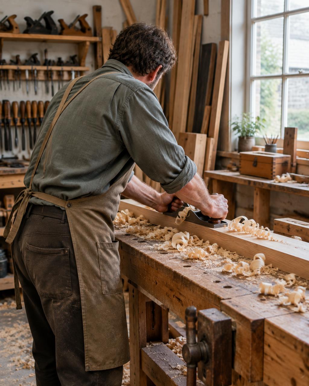 Illustrative anonymous joiner working at a timber workbench, seen from behind with no identifiable face