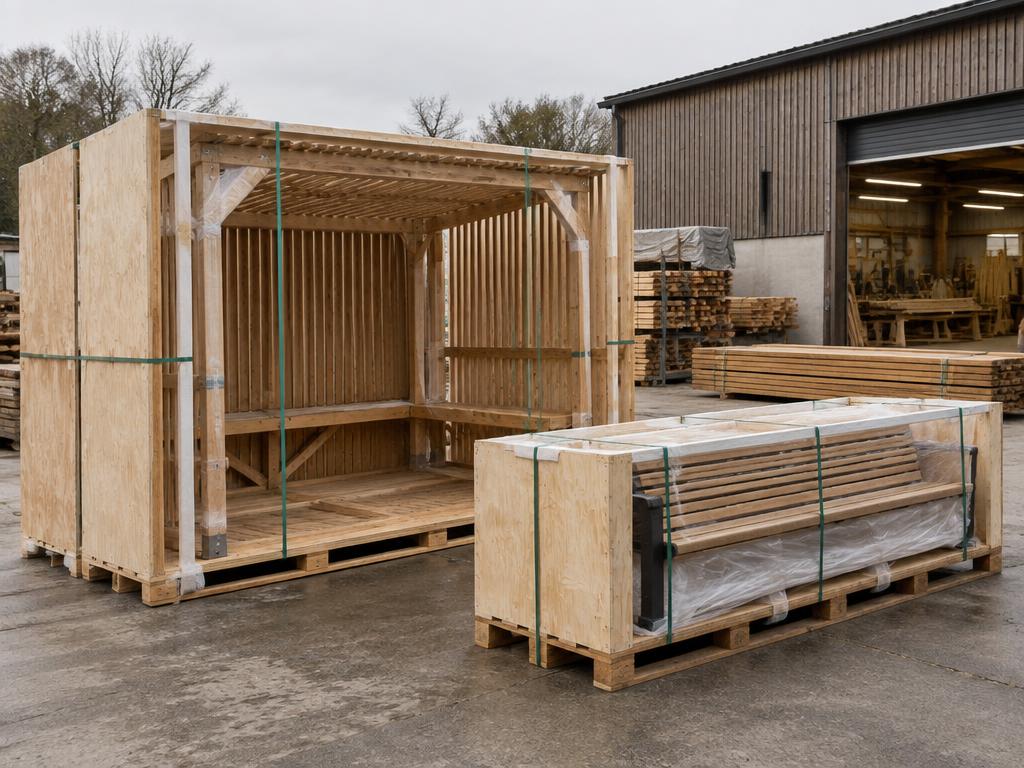 Illustrative timber products crated and strapped on pallets ready for transport