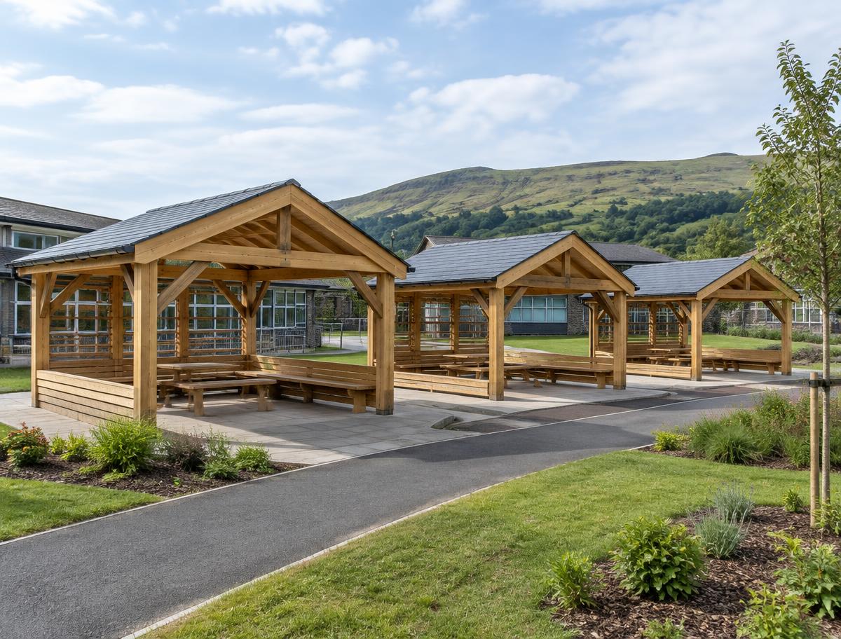 Illustrative view of three timber Barn shelters in a Welsh school setting