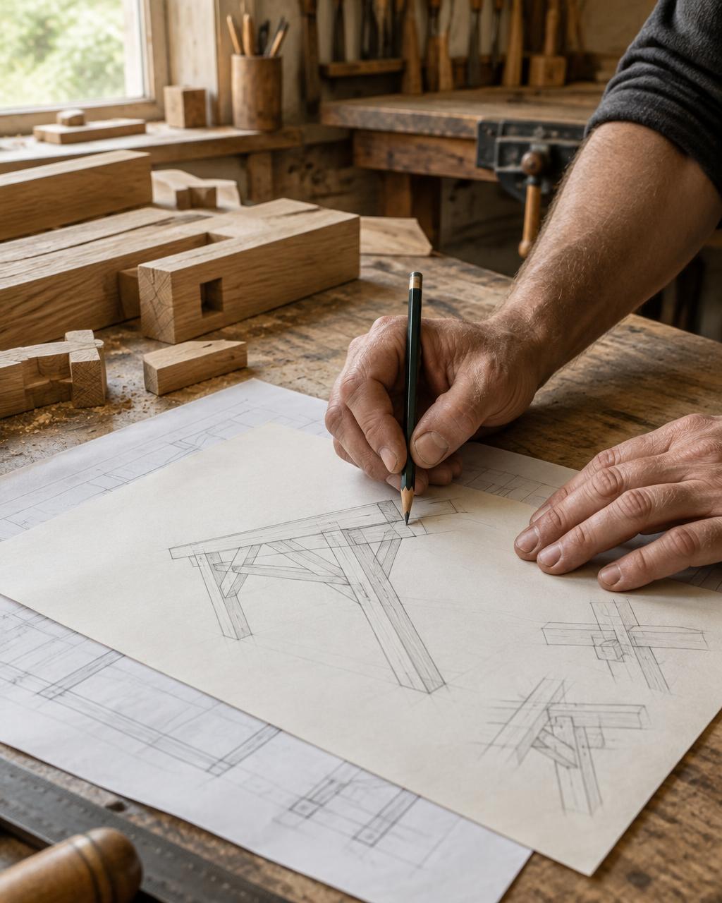 Illustrative hands sketching a timber shelter design over drawings in a joinery workshop