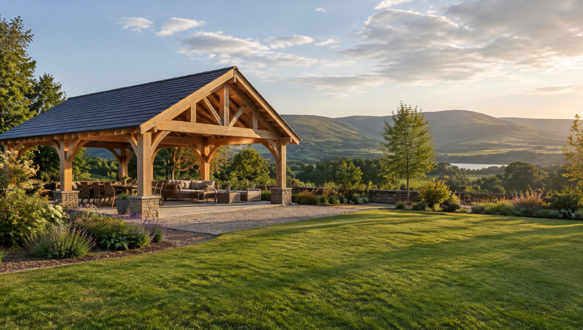 Illustrative large bespoke timber shelter in a landscaped South Wales setting in late afternoon light
