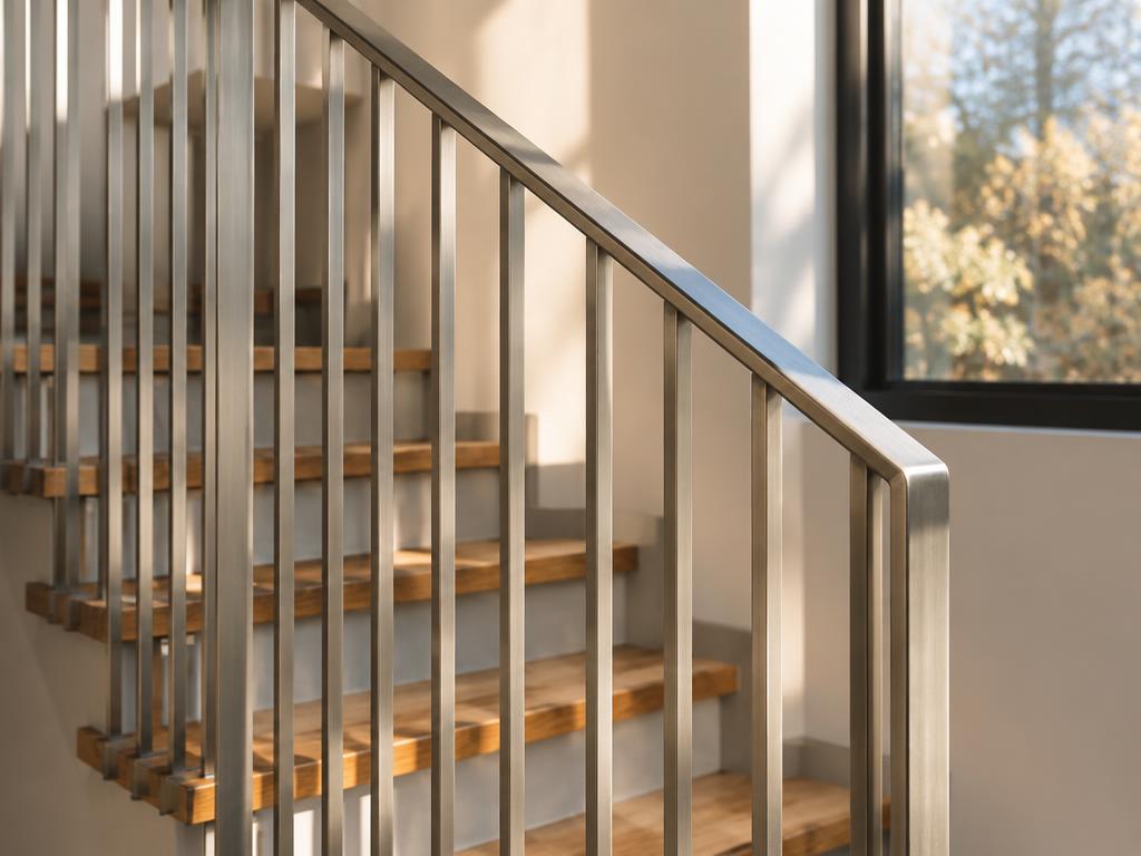 Illustrative steel stair balustrade and handrail inside a building