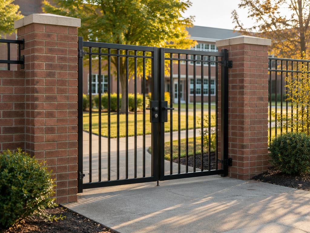 Illustrative black steel gate with vertical railings between brick pillars