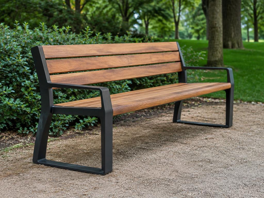 Illustrative park bench combining timber slats with a steel frame
