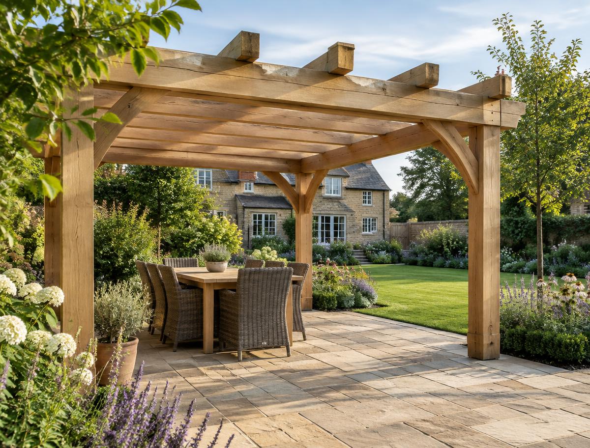 Illustrative bespoke timber pergola over a patio in a well-kept UK private garden