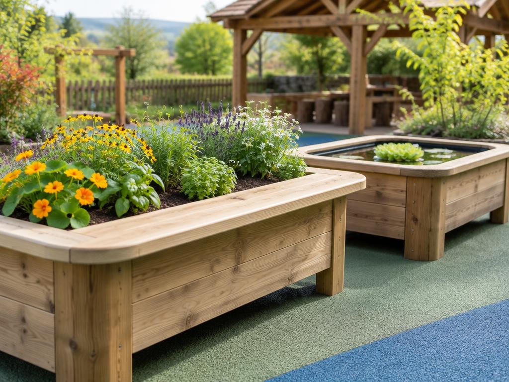 Illustrative raised timber planter and pond at wheelchair height with a seat-edge, in a school outdoor area
