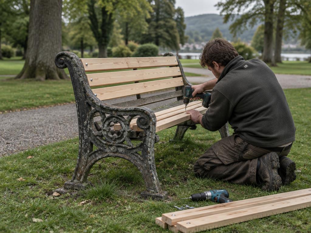 Illustrative joiner fitting new timber slats to an existing park bench