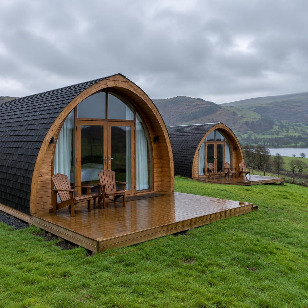 Illustrative timber glamping pods on a Welsh campsite