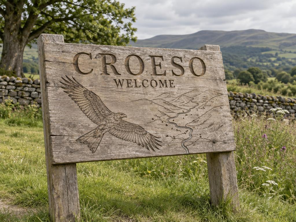 Illustrative carved timber interpretation board reading Croeso and Welcome, with an engraved red kite