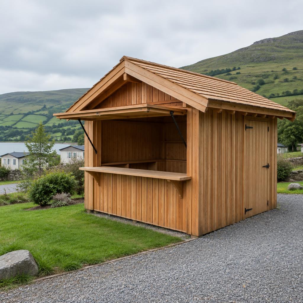 Illustrative timber kiosk with an open serving hatch on a Welsh holiday park