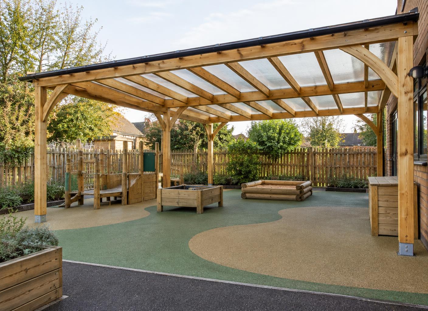 Illustrative timber canopy over a nursery outdoor play area in Wales