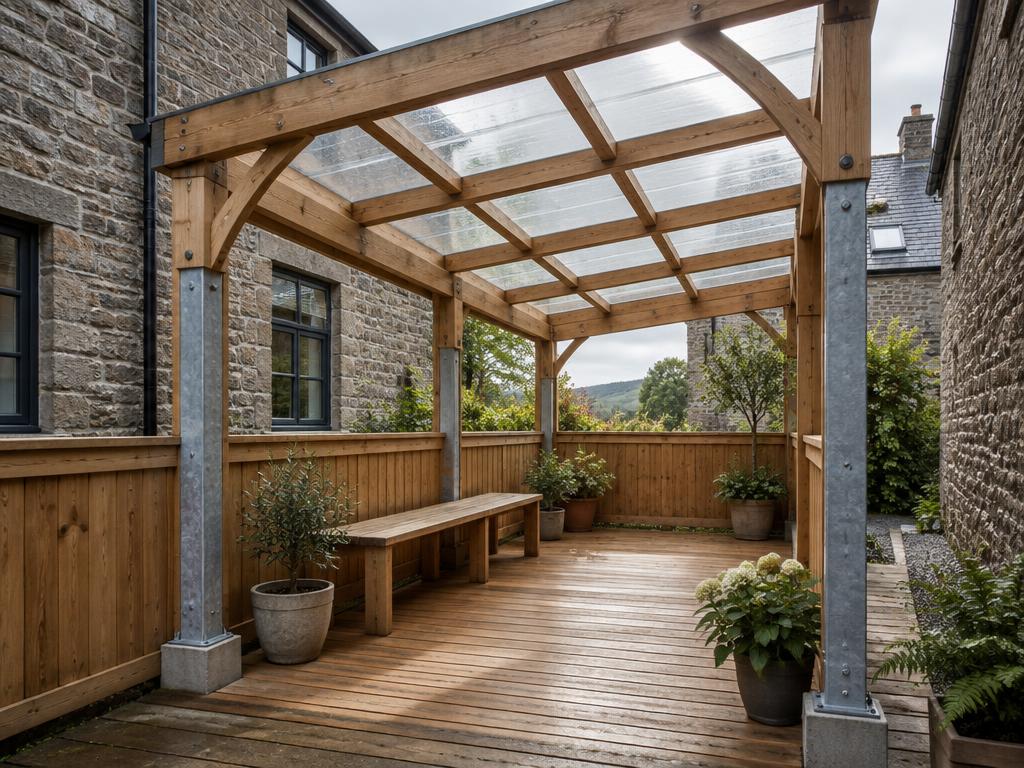 Timber shelter with a clear roof panel in a brick-walled courtyard, daylight coming through the roof onto a timber deck and bench
