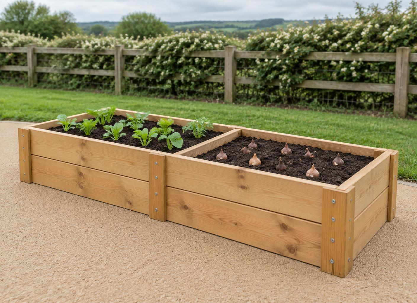 Illustrative low timber raised growing bed with seedlings, sized for nursery children, in a Welsh nursery outdoor area