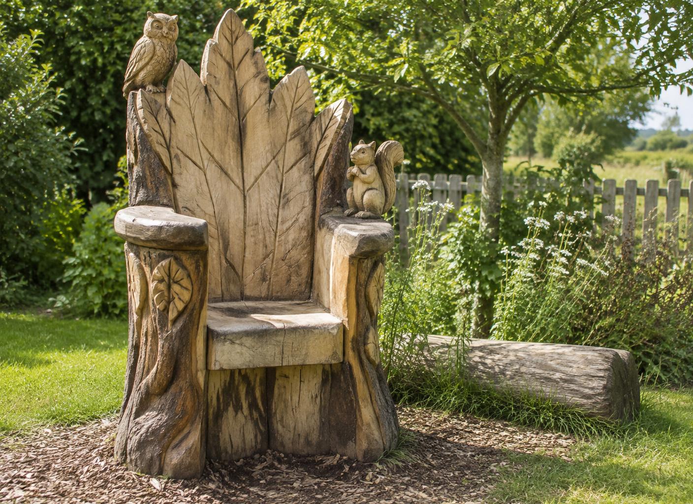 Illustrative carved storytelling chair for a community garden