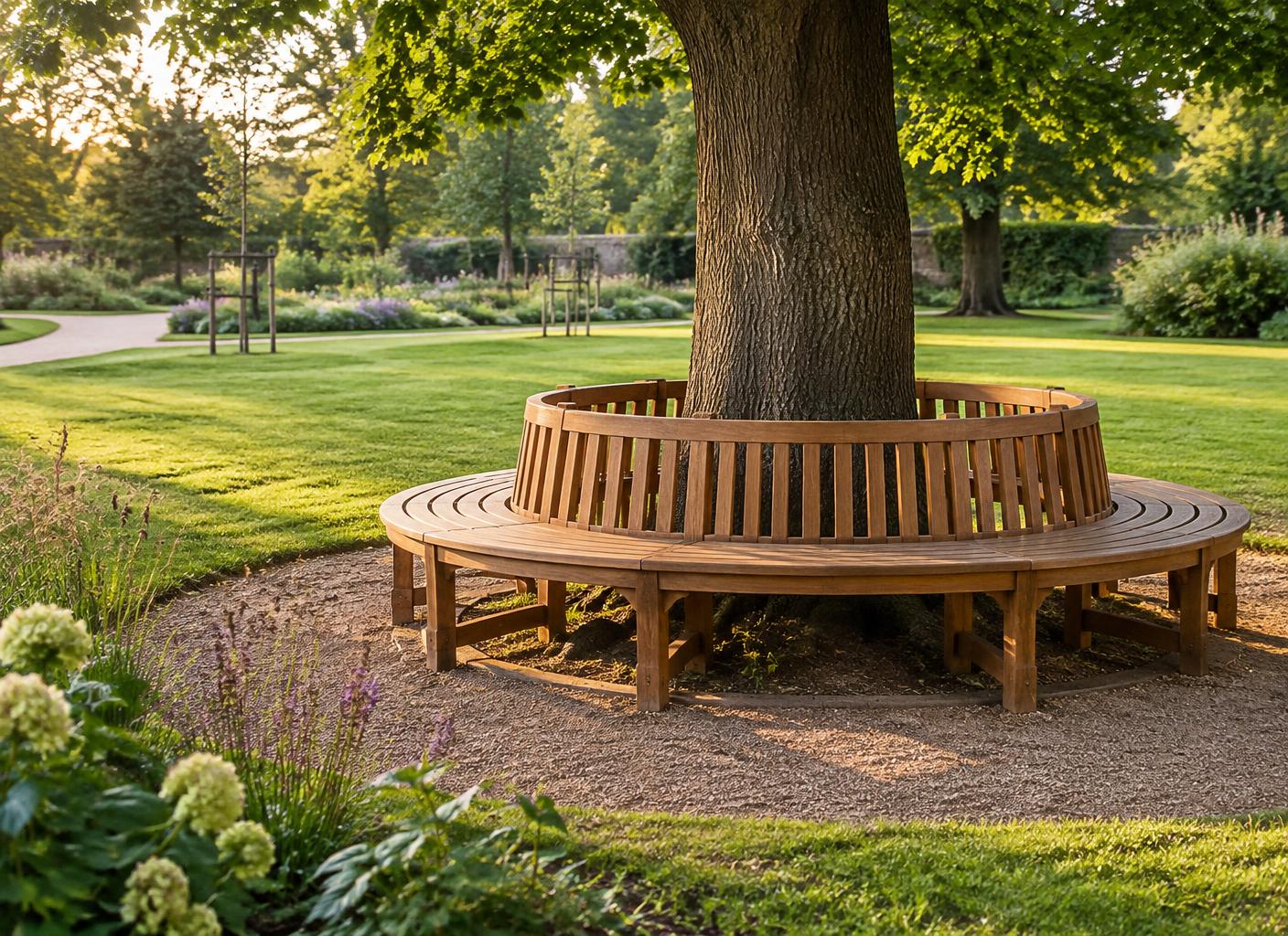 Illustrative timber bench in a Welsh park