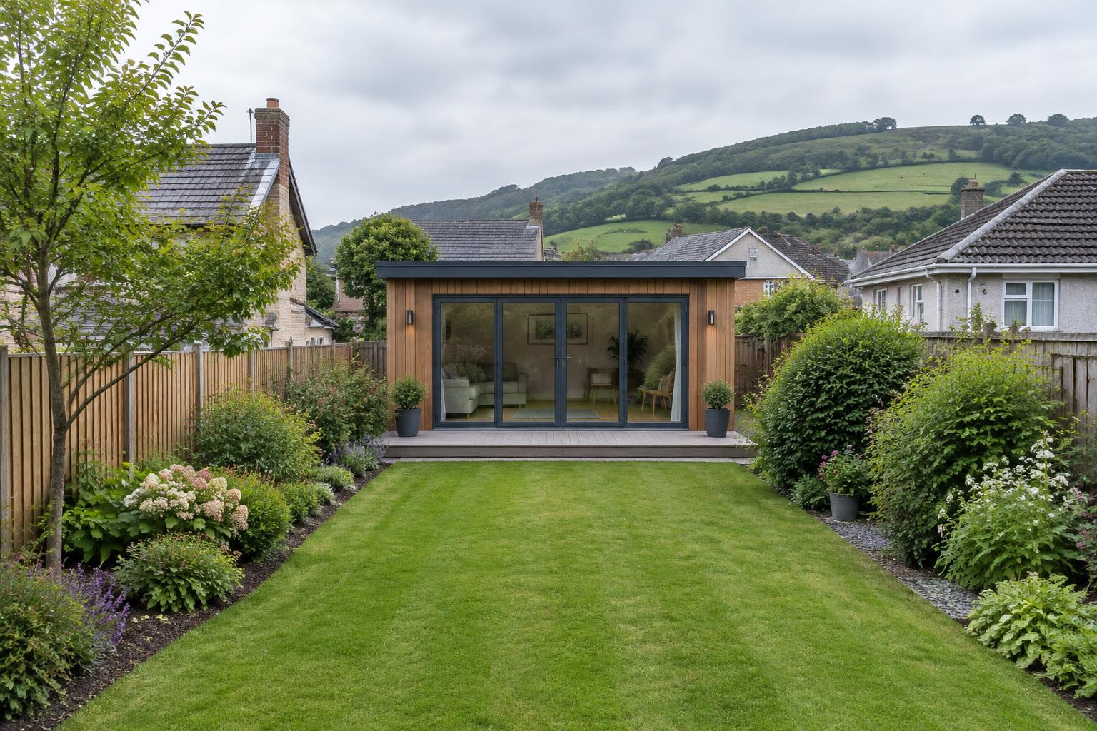 Illustrative garden room with glass doors in a South Wales residential garden