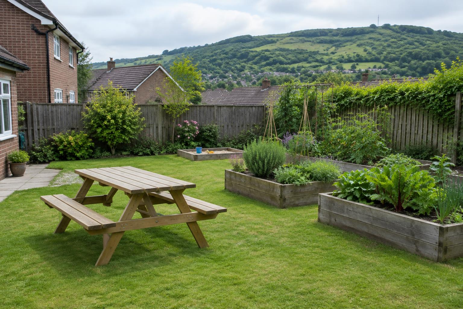 Illustrative picnic table, raised beds and sandpit in a South Wales garden