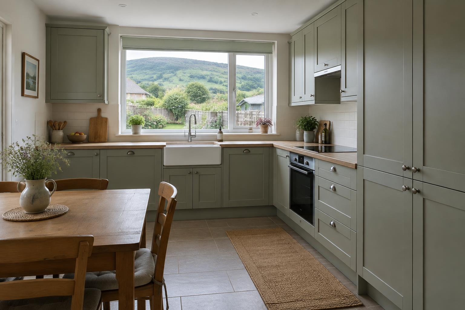 Illustrative fitted kitchen with cupboards and tall storage in a South Wales home