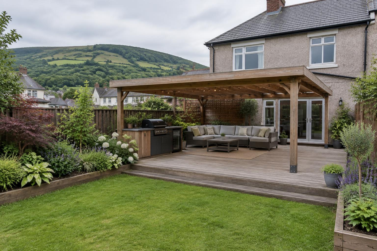 Illustrative pergola with seating and an outdoor kitchen beside a South Wales home