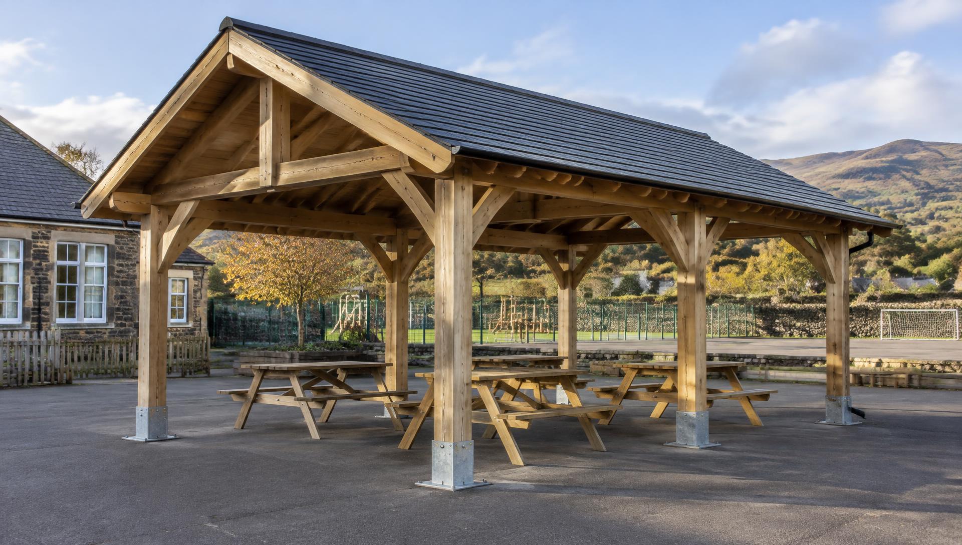 Illustrative timber Barn shelter, standing in for the Ysgol Bro Preseli installation